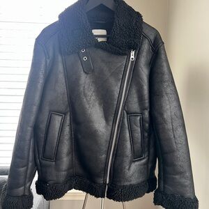 H&M Black Motorcycle Jacket, Shearling Lined. Size S.